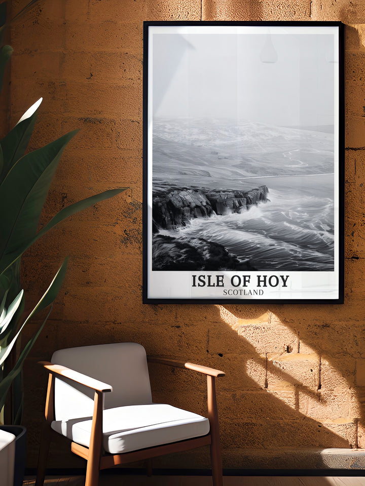 This stunning travel print of the Isle of Hoy showcases the Cuilags Hills, known for their striking cliffs and peaceful landscapes. Bring Scotlands scenic beauty into your home with this art print, perfect for those who love nature, adventure, and the wild landscapes of the Orkney Islands.