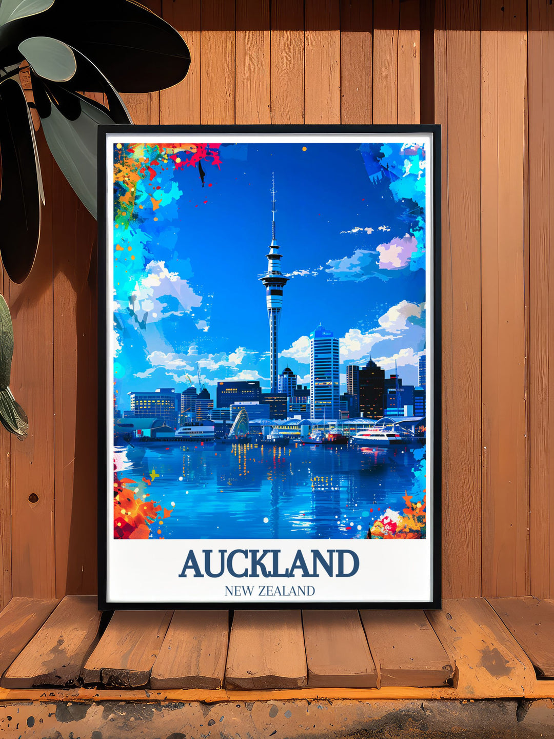 Scenic New Zealand travel print featuring the Sky Tower and Waitematā Harbour, perfect for anniversary or birthday gifts. This artwork brings the beauty of Aucklands skyline into your home, offering a daily reminder of the citys charm and vitality.