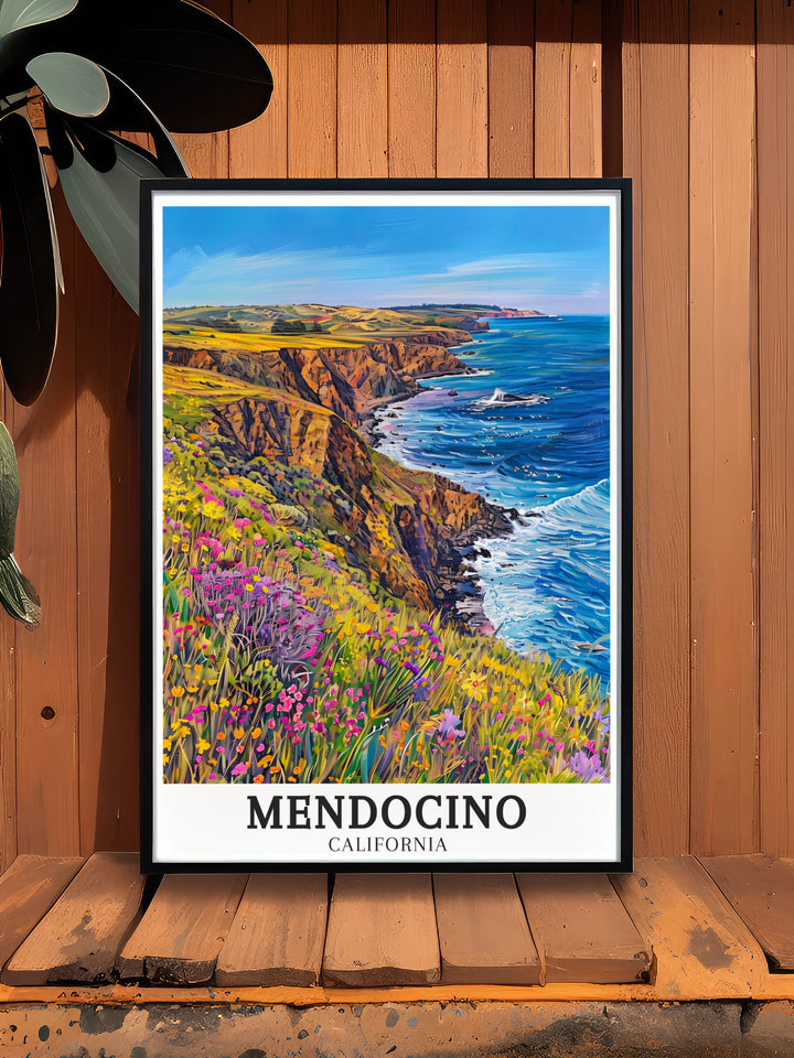 Pacific Ocean canvas wall art depicting the dramatic cliffs and majestic views of the Mendocino Coast. These travel canvas prints are perfect for California art enthusiasts who appreciate natural beauty. Enhance your living space with Mendocino Coast Wall Art that captures stunning views of the Pacific Ocean.