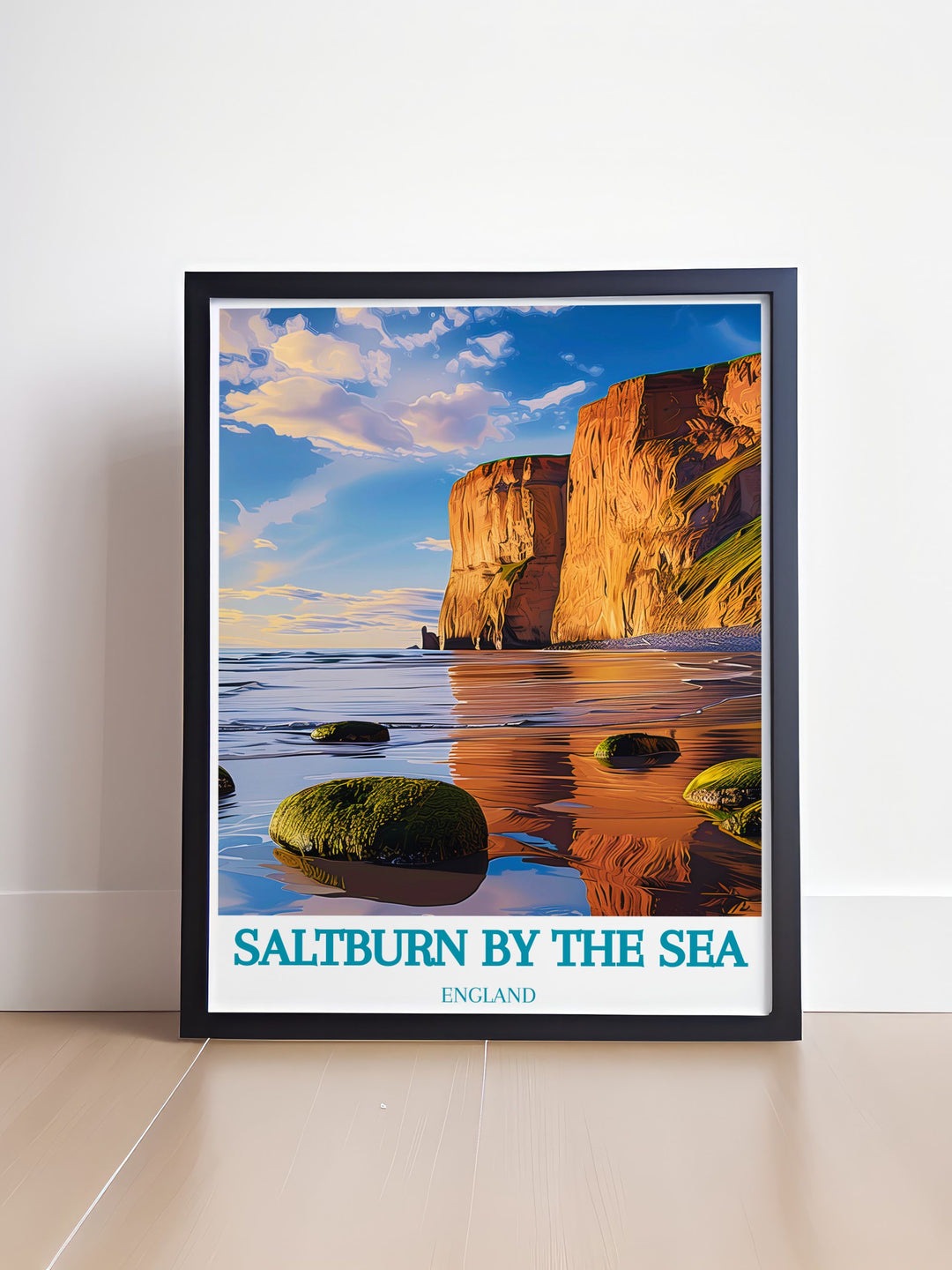 Framed print of Saltburn by the Sea with Huntcliff modern art and elegant home decor highlighting the picturesque views of Saltburn Pier Whitby Yorkshire and Hartlepool making it a perfect addition to any coastal or travel themed interior