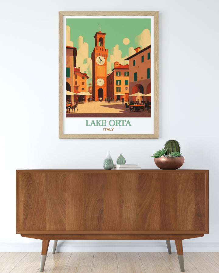 Our Lake Orta art print highlights the serene waters and timeless architecture of this Italian lake, with the lively Piazza Motta in the foreground. This travel poster is ideal for anyone looking to bring the elegance of Italy into their home, providing a scenic and calming atmosphere.