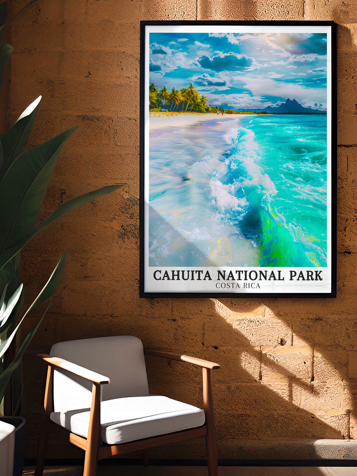 Costa Rica Travel Poster showcases the breathtaking scenery of Cahuita National Park, from the golden beaches to the lush rainforests. This detailed travel poster is perfect for those who appreciate the wild beauty of Costa Ricas natural landscapes.