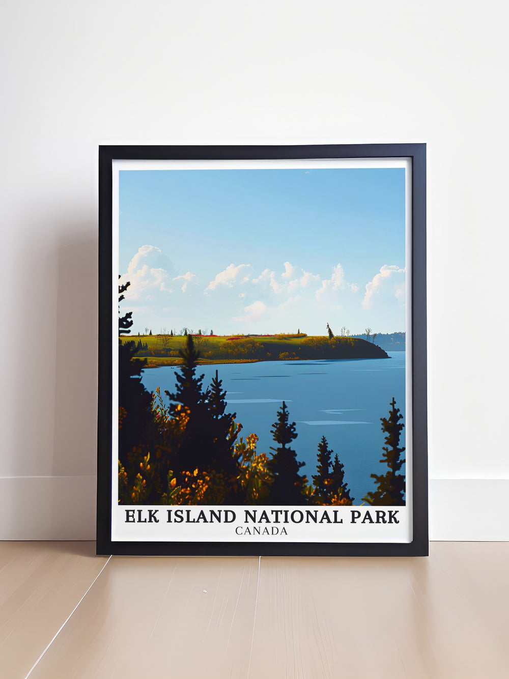 Astotin Lake vintage travel print from Elk Island National Park, offering a timeless depiction of one of Canadas most serene landscapes. This artwork is perfect for adding a touch of Canadian heritage and natural beauty to your home decor.