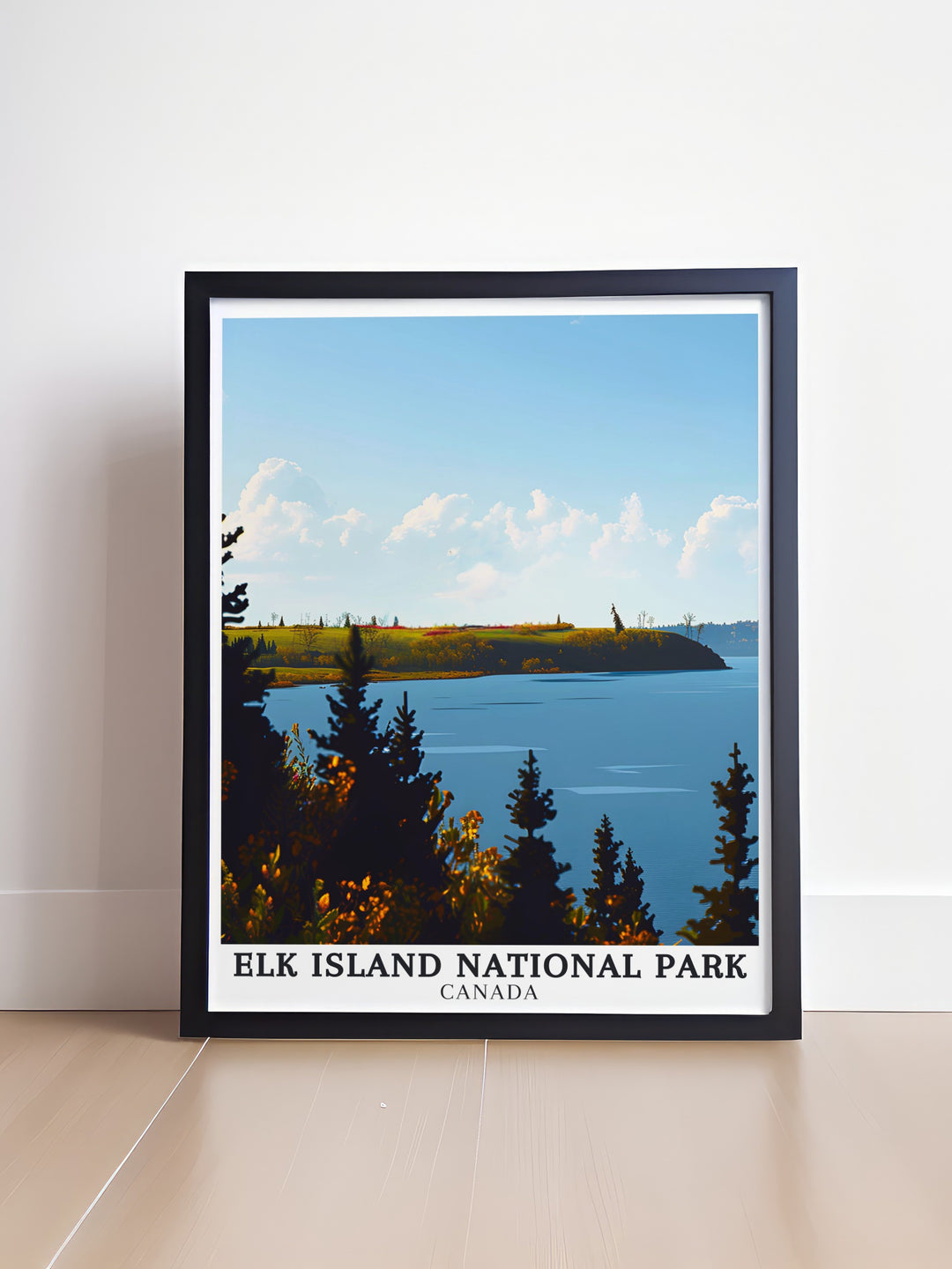 Astotin Lake vintage travel print from Elk Island National Park, offering a timeless depiction of one of Canadas most serene landscapes. This artwork is perfect for adding a touch of Canadian heritage and natural beauty to your home decor.