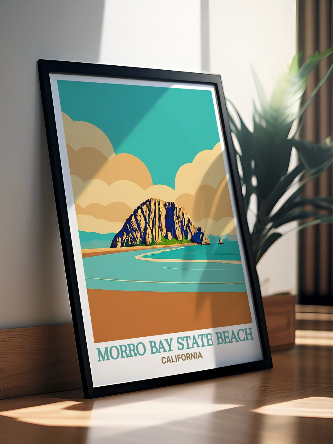 This vibrant poster highlights the tranquility of Californias Morro Bay State Beach and Morro Strand State Beach. The perfect piece for anyone who loves coastal views and the calm beauty of the Pacific Ocean.