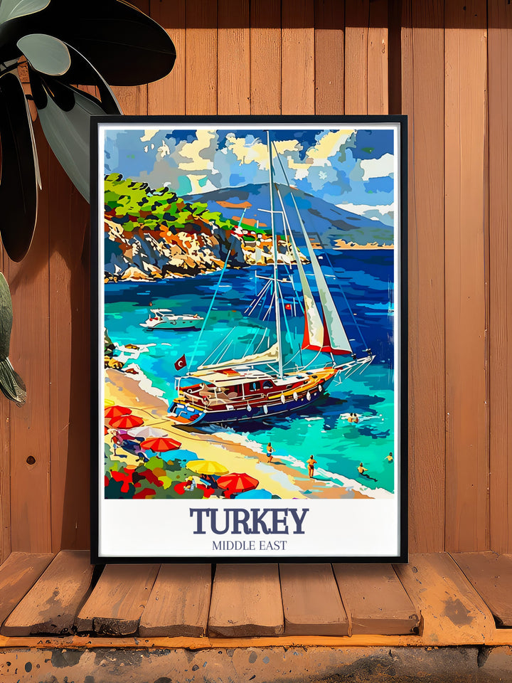 Capture the serene beauty of Turkeys Turquoise Coast with this poster print featuring a traditional Turkish Gulet sailboat. The minimalist design emphasizes the peaceful waters and iconic boat, creating a stunning piece for lovers of nautical art and Turkish travel.