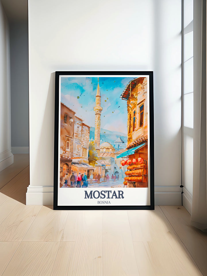 Mostar Poster Print showcasing Koski Mehmed Pasha Mosque and Old Town Bazaar offering a stunning depiction of Mostar City and Southern Bosnia perfect for home decor