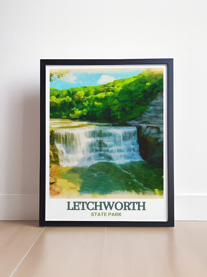 Travel poster of Lower Falls, showcasing the harmonious blend of powerful waters and lush greenery. This print captures the essence of Lower Falls beauty, making it a perfect gift for those who appreciate natures magnificence.