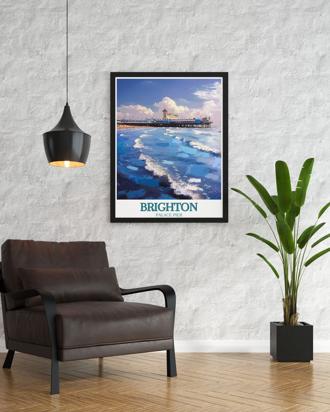 Retro travel poster of Brighton Pier with the stunning English Channel a beautiful addition to your home decor that captures the essence of Brighton England and its vibrant coastal charm.