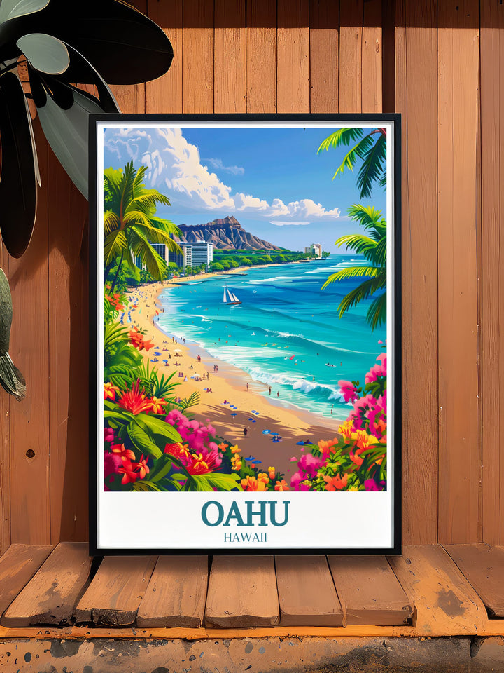 This Oahu art print depicts the picturesque Waikiki Beach and Diamond Head Crater capturing the vibrant colors and tranquil atmosphere of Hawaii ideal for any room.