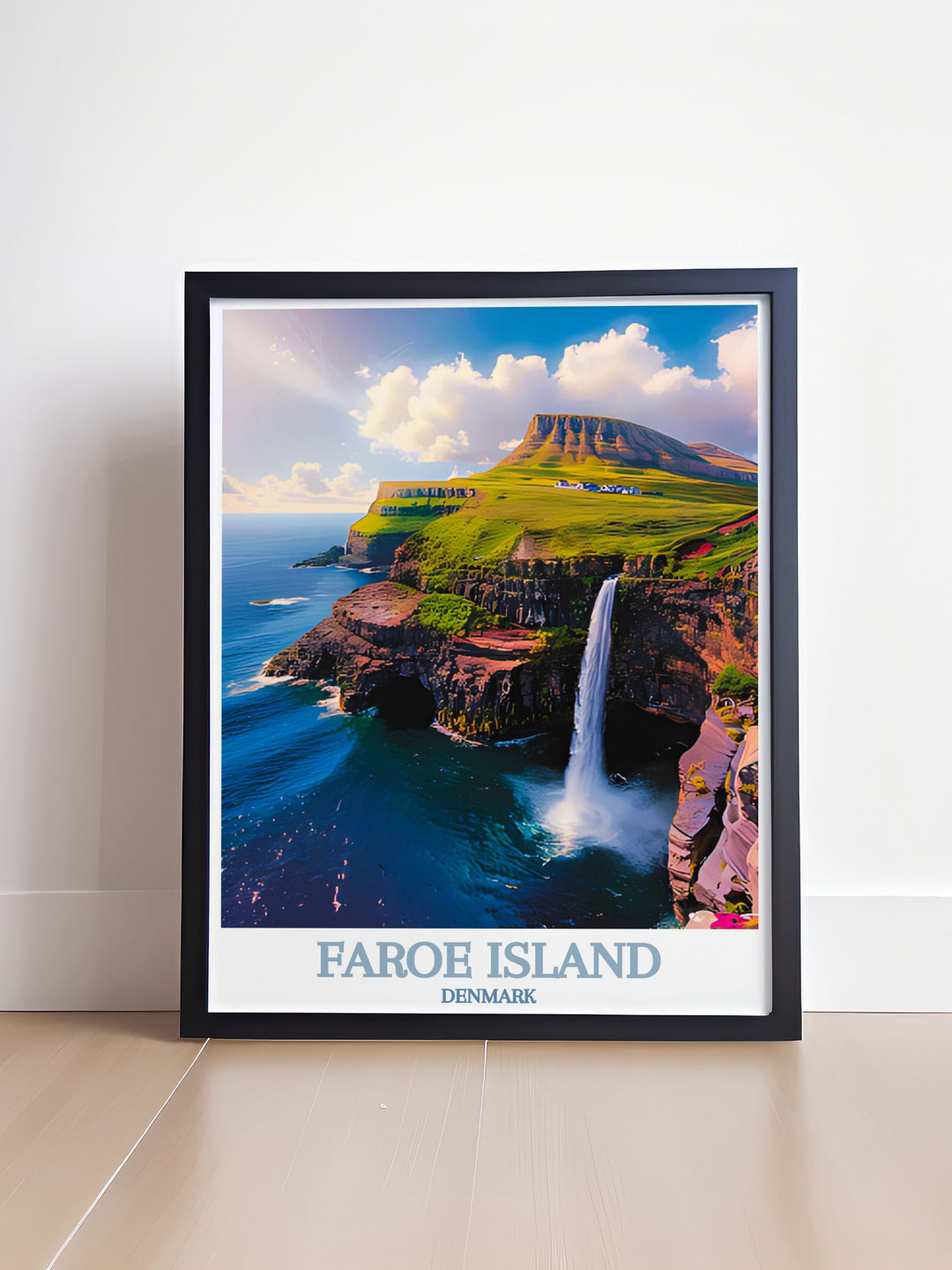 Featuring Múlafossur Waterfall, this art print showcases the majestic plunge and serene landscape of one of the Faroe Islands most iconic waterfalls, making it ideal for nature enthusiasts and art lovers alike.