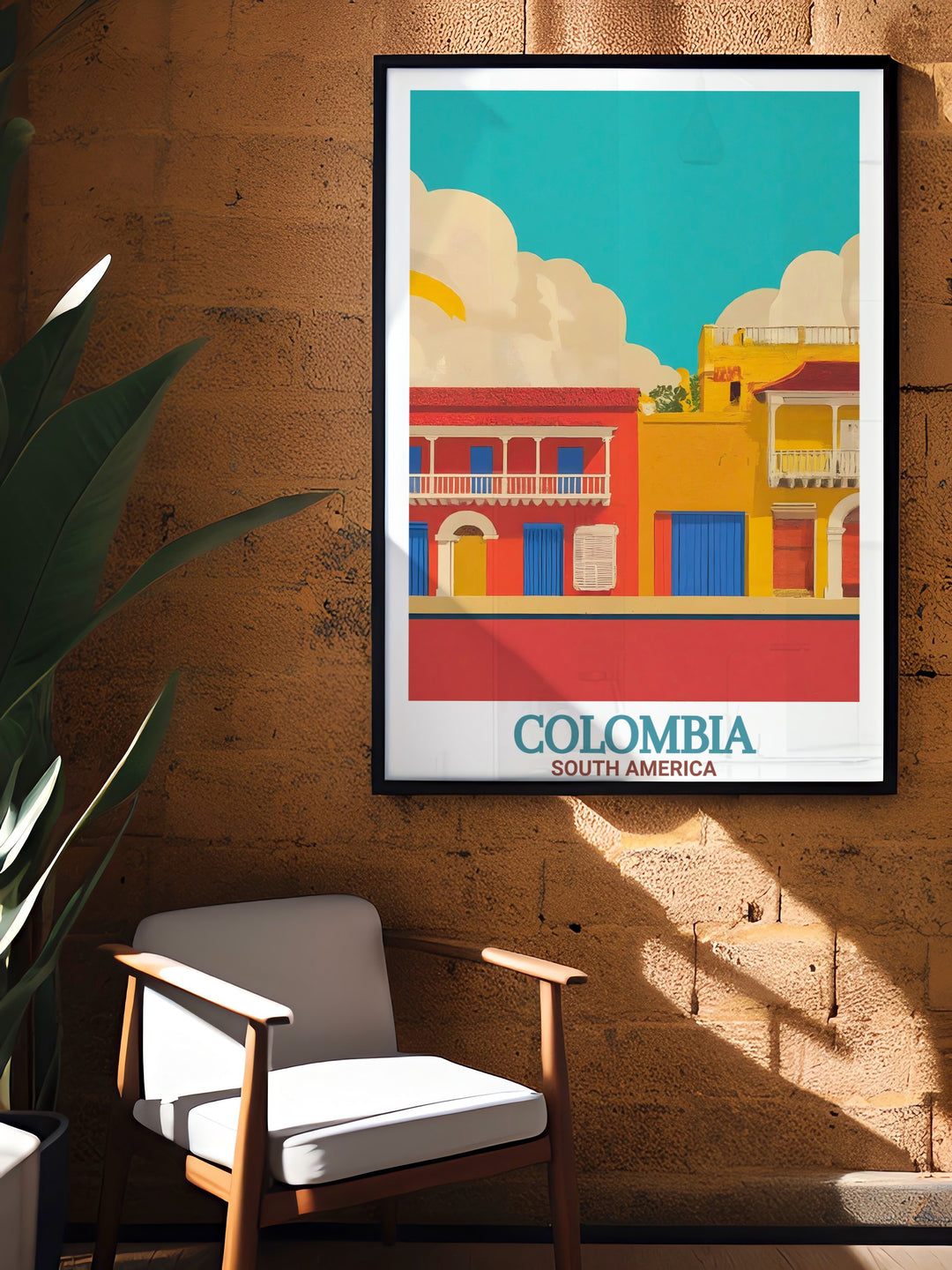 Colombia Travel Print showcases the colonial architecture of Cartagenas Walled City and the vibrant colors of Caño Cristales. This artwork is perfect for anyone who loves exploring Colombias history and natural wonders.