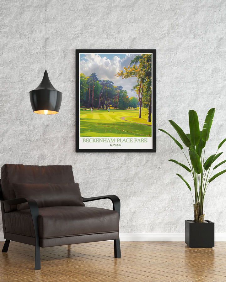 London travel poster showcasing the iconic landmarks and serene landscapes of Beckenham Place Park, with vibrant colors and intricate details that bring the parks natural splendor to life, ideal for adding a touch of Londons charm to your home.