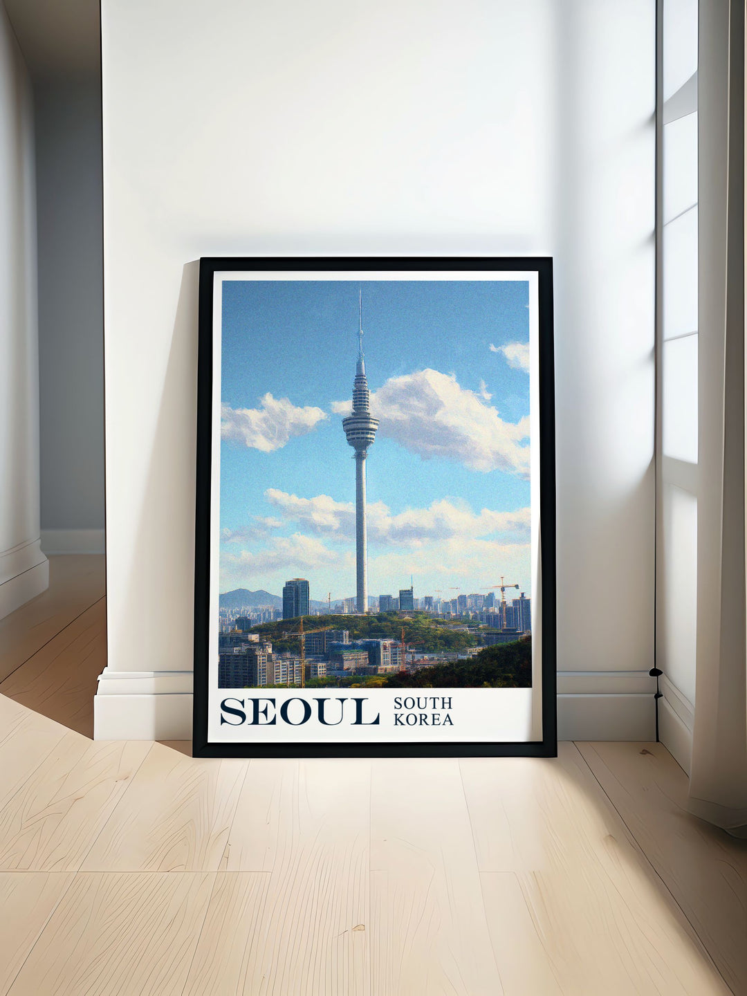Explore the beauty of Seoul with this detailed poster featuring Seoul Tower, capturing the modern architectural marvel and panoramic city views, perfect for those who love urban landscapes and vibrant cities.