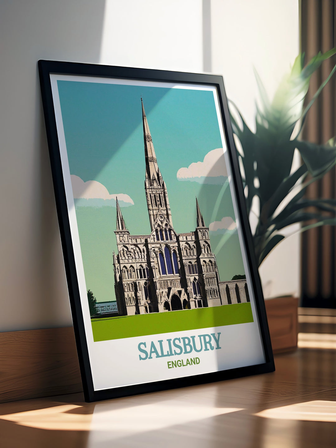 Stunning poster print of Salisbury Cathedral, capturing the intricate Gothic architecture and the historical significance of this iconic English landmark. Perfect for adding a touch of Englands rich history to your home or office decor.