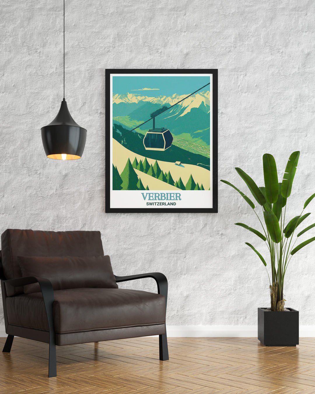 A vintage ski print showcasing Verbiers Le Châble Gondola in the Swiss Alps. The detailed design captures the excitement and tranquility of Switzerlands skiing culture, making it an ideal travel print for alpine lovers.