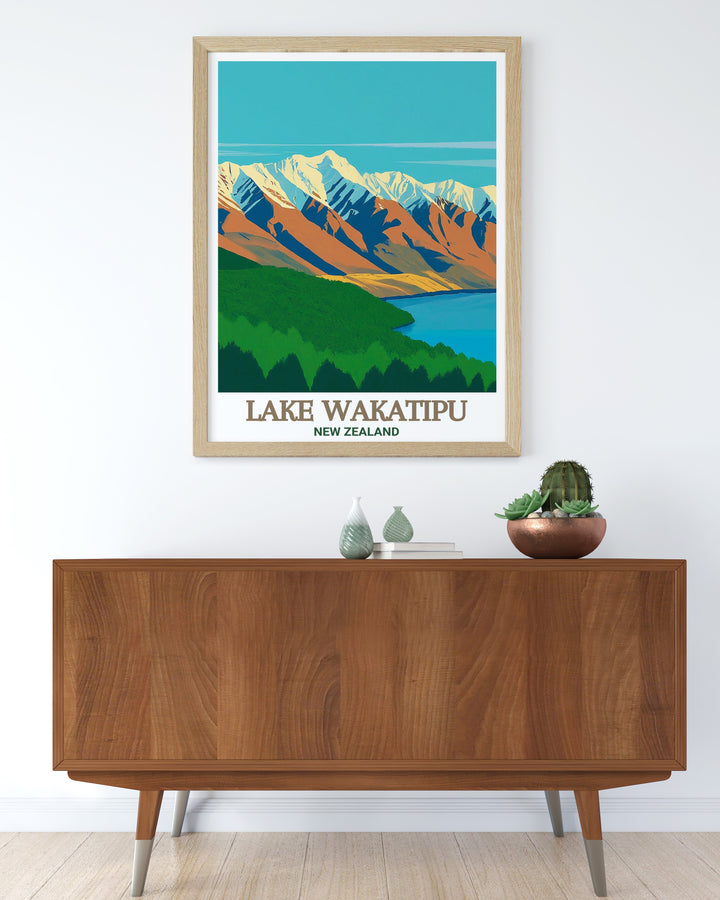 The dramatic peaks of The Remarkables tower over the serene waters of Lake Wakatipu in this stunning New Zealand art print. Ideal for those who love travel décor, this piece captures the unique landscape of Queenstown.