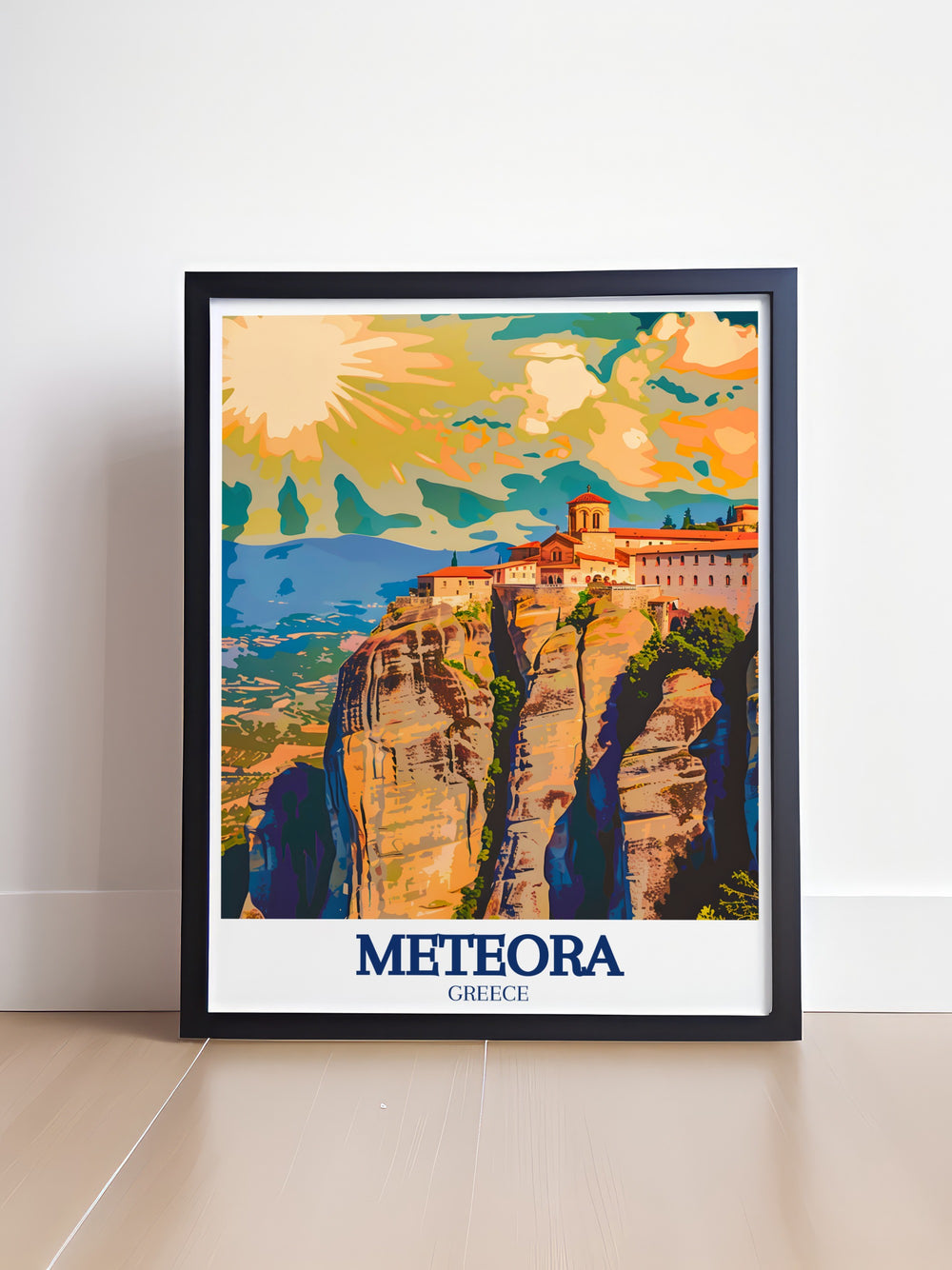 This Meteora art print offers a detailed view of Greeces breathtaking rock pillars and the historic Great Meteoron monastery perched high above the Peneus Valley. A perfect addition for lovers of Greek history, nature, and spiritual landmarks.