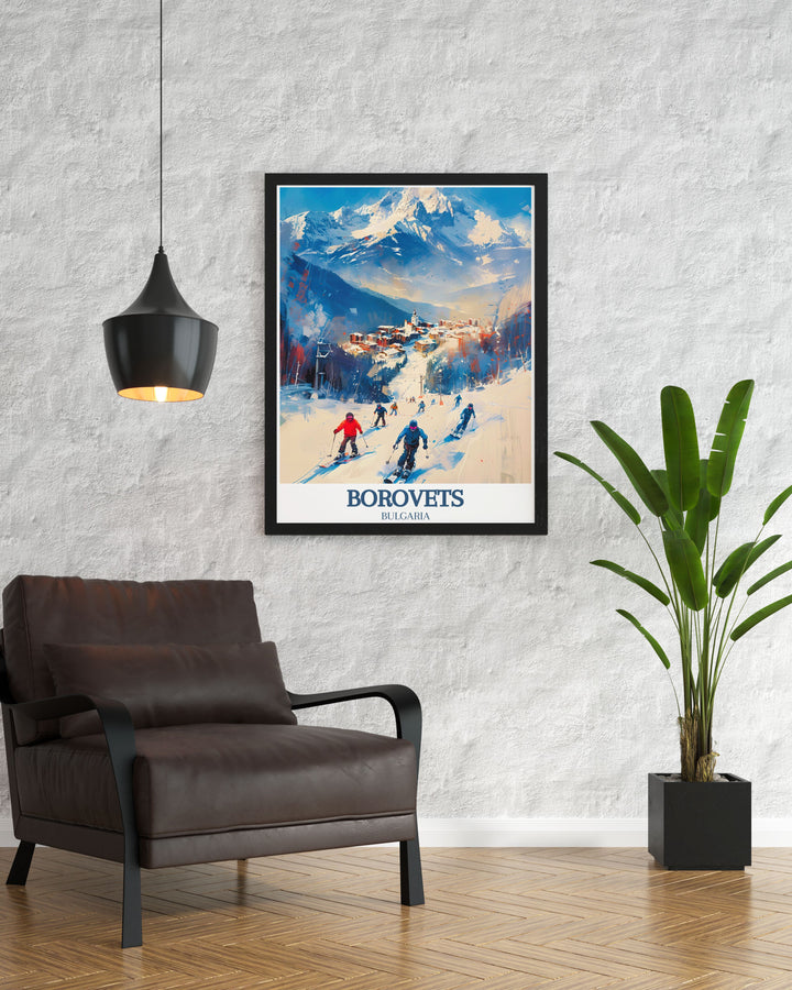 Beautiful Borovets travel poster capturing the dynamic atmosphere of the alpine resort and the serene beauty of Musala Peak, perfect for enhancing your home or office with Bulgarias iconic landmarks.