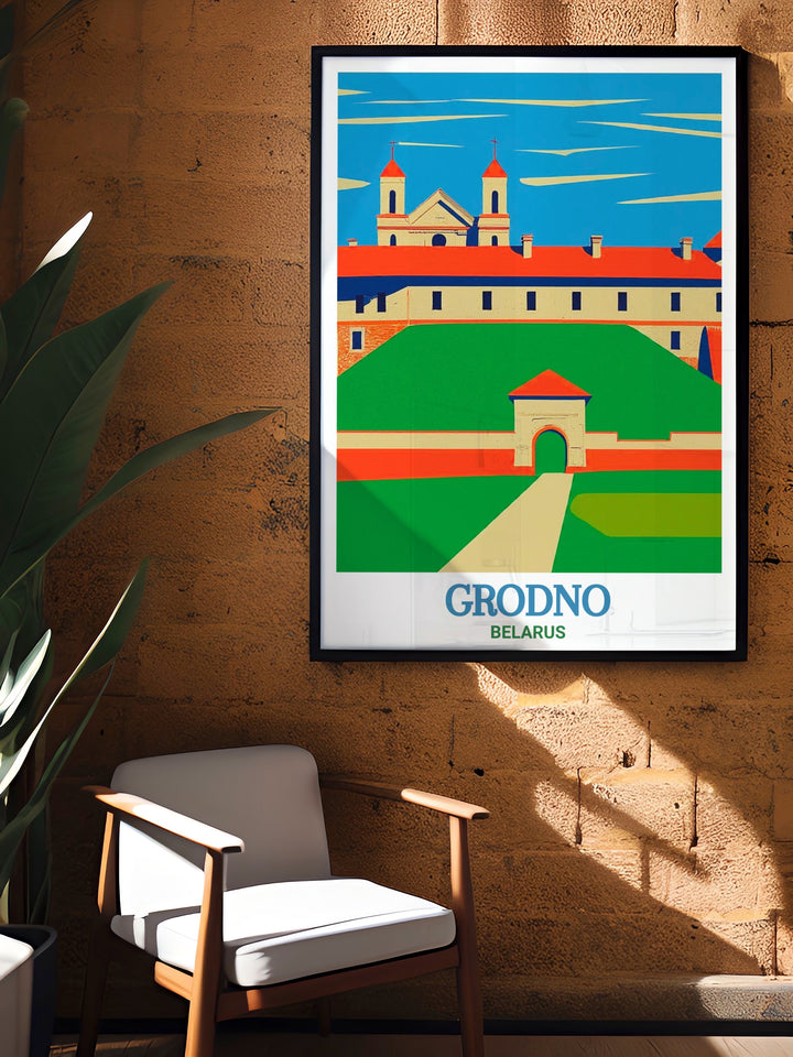 Celebrate the grandeur of Grodno and its New Castle with this stunning travel poster. Rich in color and detail, this artwork is ideal for anyone who loves European history and architecture, making it a great addition to your home or office decor.