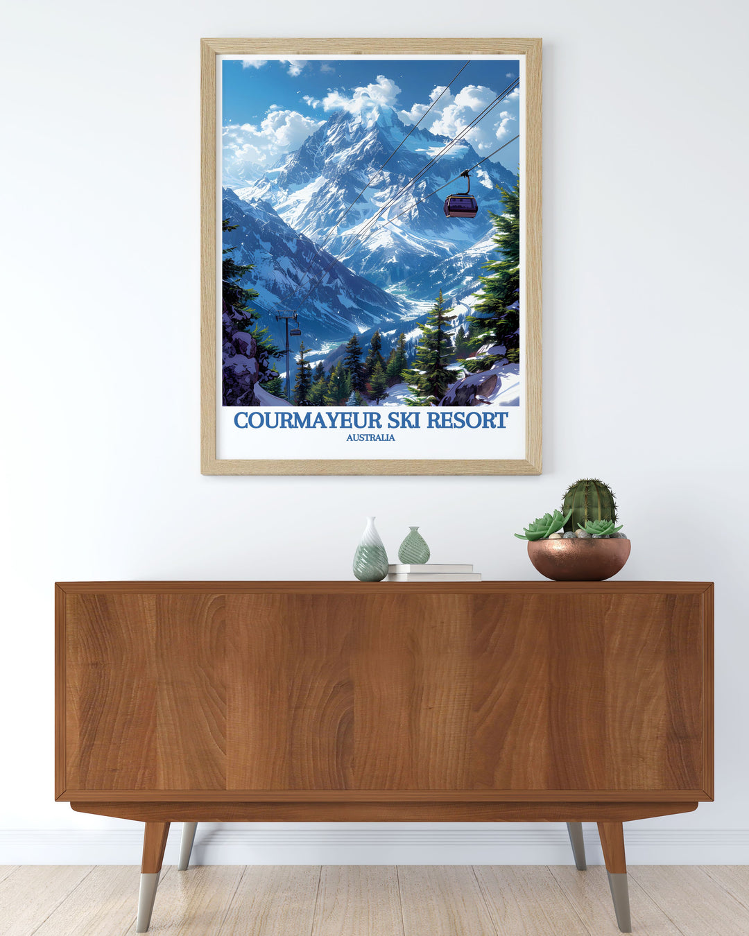 Featuring breathtaking views of Courmayeur Ski Resort and the iconic Mont Blanc, this poster is perfect for those who wish to bring a piece of Italys natural splendor and skiing heritage into their home.