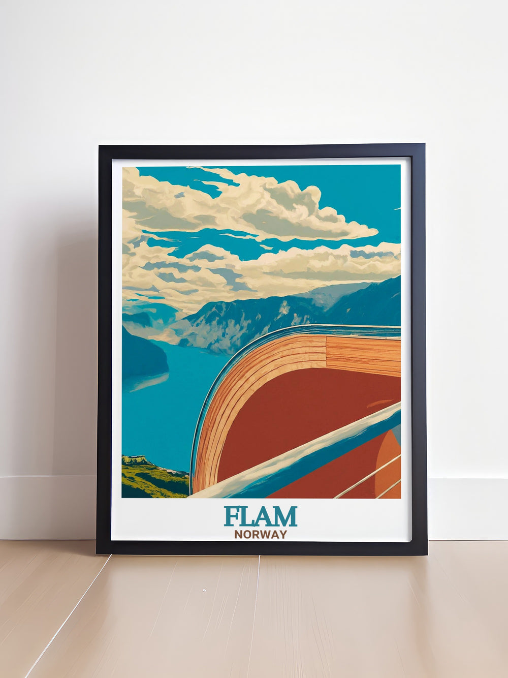 Norway canvas art featuring Flam and Stegastein Viewpoint, offering a breathtaking perspective of the fjords and rugged mountains. This travel print brings a piece of Norways serene landscapes into your living space, perfect for adventure seekers.