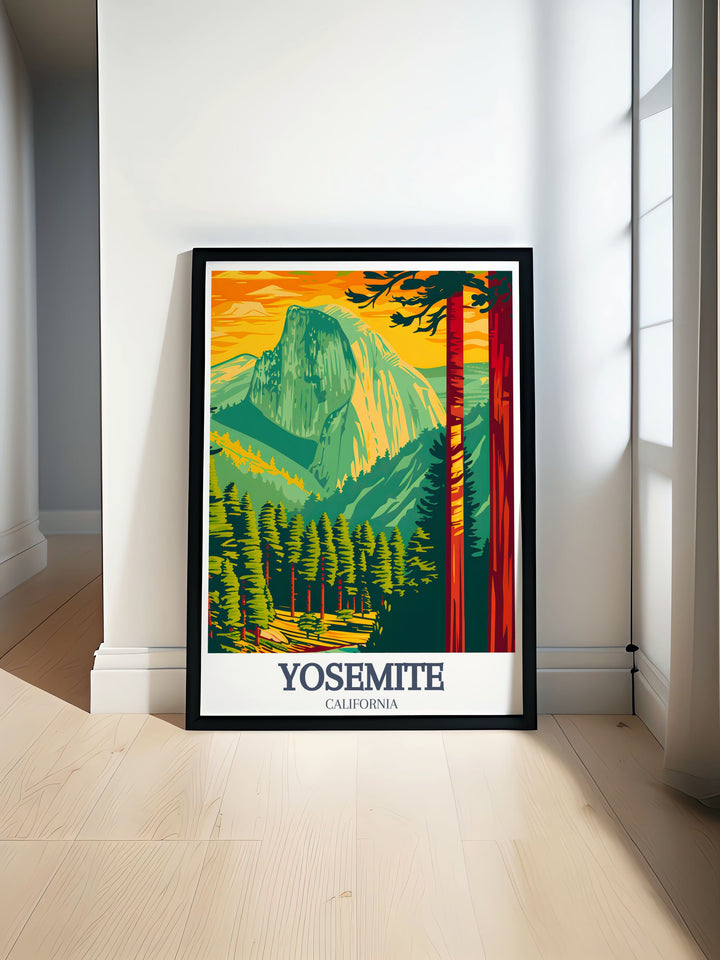 Half Dome and Yosemite Valley vintage travel print showcasing stunning natural beauty with detailed landscapes and rich colors