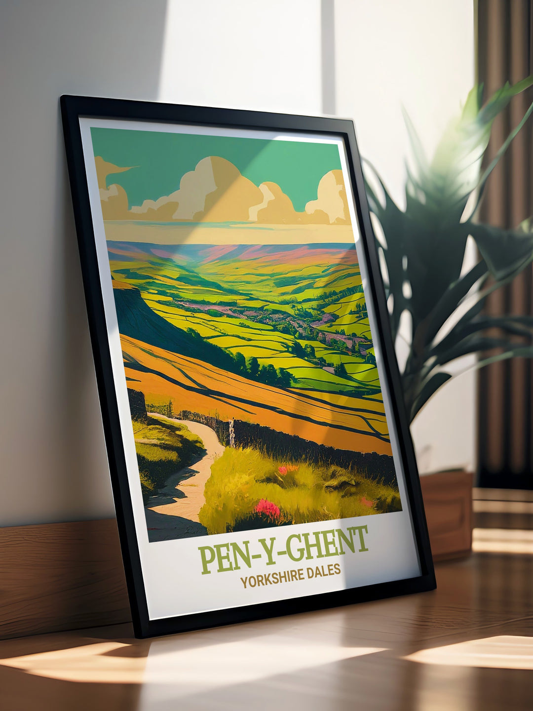 Pen Y Ghent scenic poster highlighting the rugged beauty and adventurous spirit of the Yorkshire Dales. This detailed artwork depicts Pen Y Ghent and its summit, making it a perfect addition to your wall art collection. Ideal for those who love the outdoors.