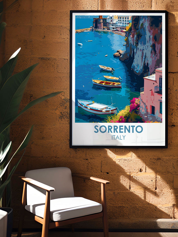 Marina Grande artwork featuring detailed illustrations of Marina Grande mountain and Sorrentos colorful waterfront. Perfect for adding a touch of Italian elegance to your home this Sorrento travel poster is a must have for anyone who loves Italy and its beautiful landscapes.