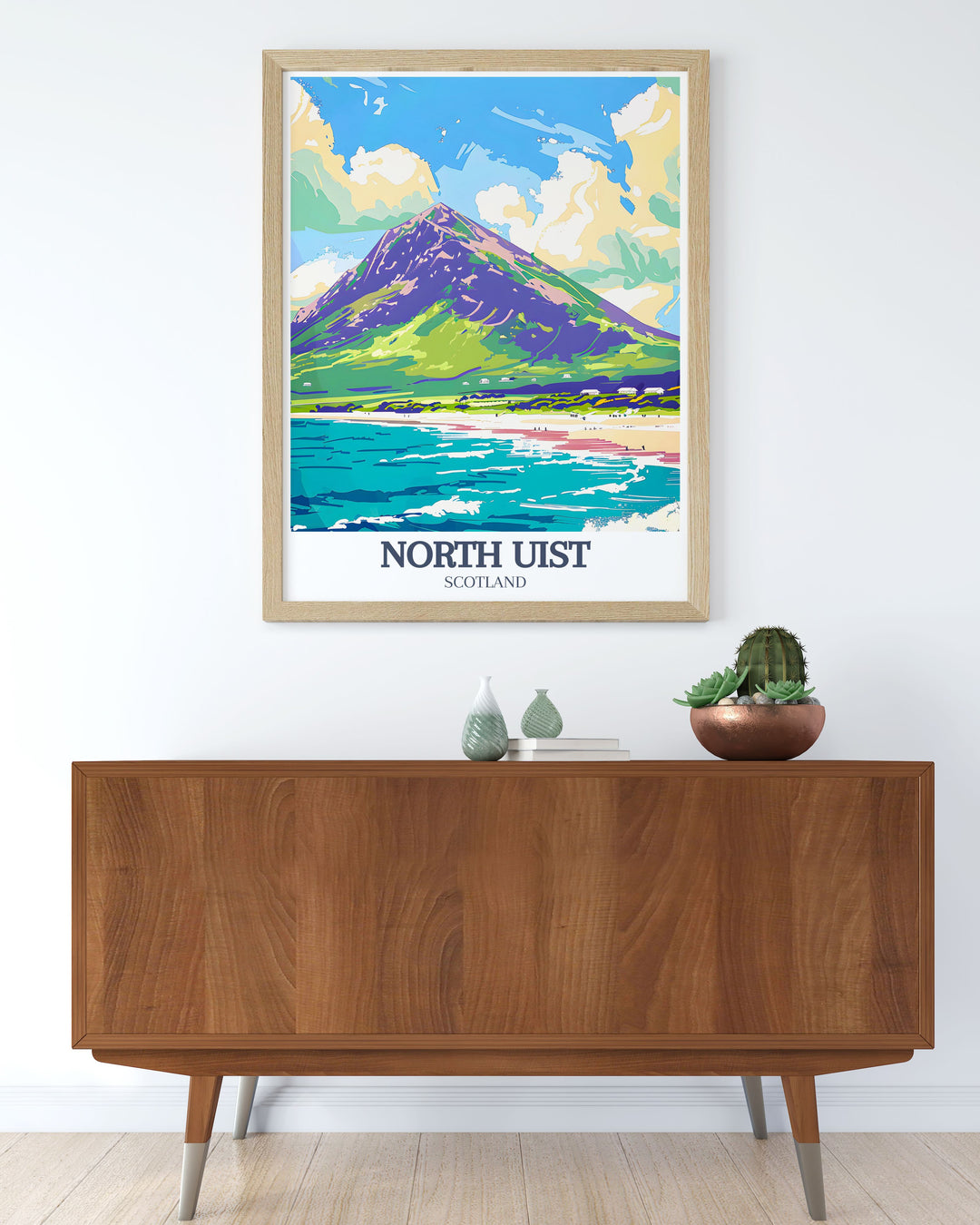 This North Uist travel print captures the natural beauty of Eaval Mountain and Sollas Beach in the Outer Hebrides. Perfect for nature lovers and adventurers, this wall art brings a piece of Scotland into your home, offering a serene and scenic view of these stunning landmarks.