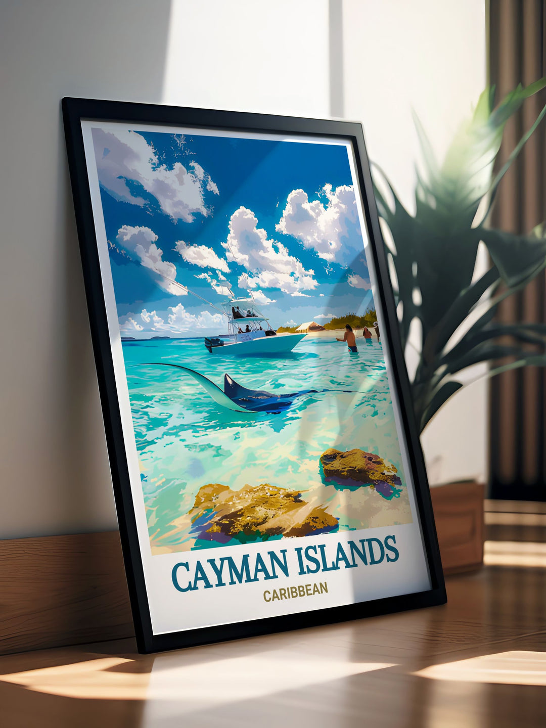 Elegant Stingray City artwork in a vintage style capturing the enchanting allure of the Cayman Islands perfect for enhancing any room with its charming black and white aesthetic and ideal as an anniversary or birthday gift