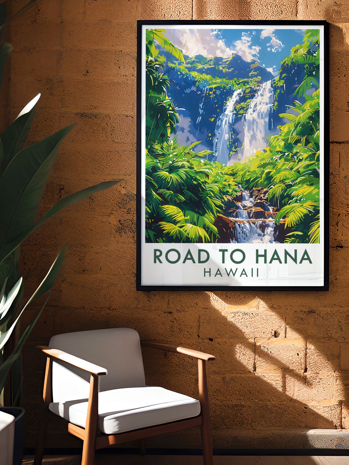 Road to Hana poster featuring the iconic landscapes of Hawaii and the serene Twin Flame collection. This artwork is perfect for adding a touch of adventure and tranquility to your home decor, ideal for those who love nature and travel.