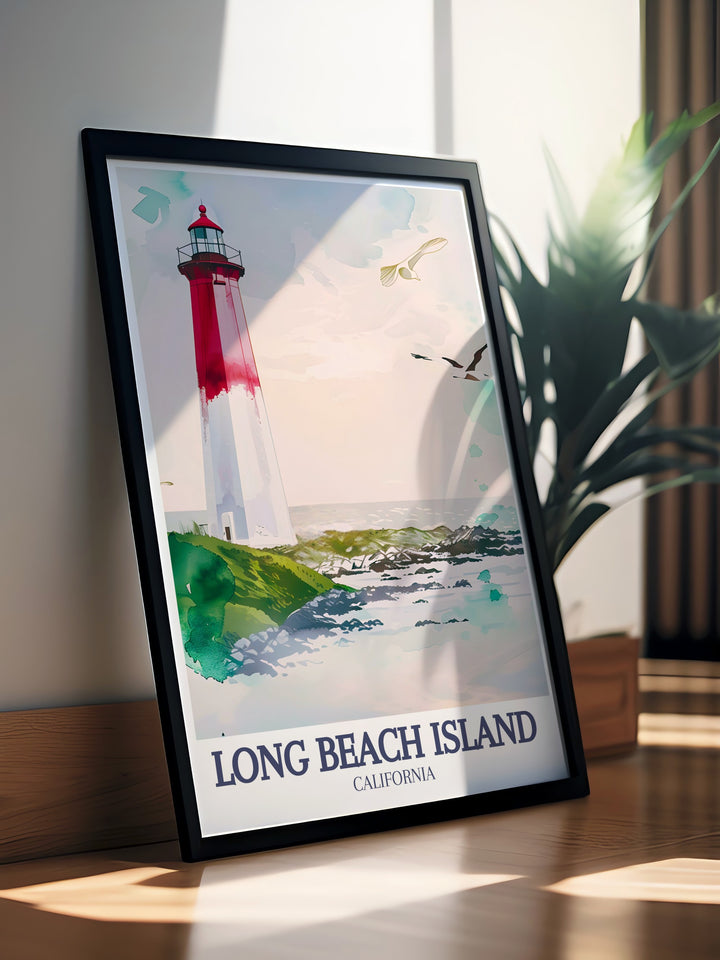 Barnegat Lighthouse, one of Long Beach Islands most treasured landmarks, comes to life in this fine art print. The travel poster offers a minimalist black and white design that fits any décor style, making it a thoughtful gift for lovers of coastal landscapes.