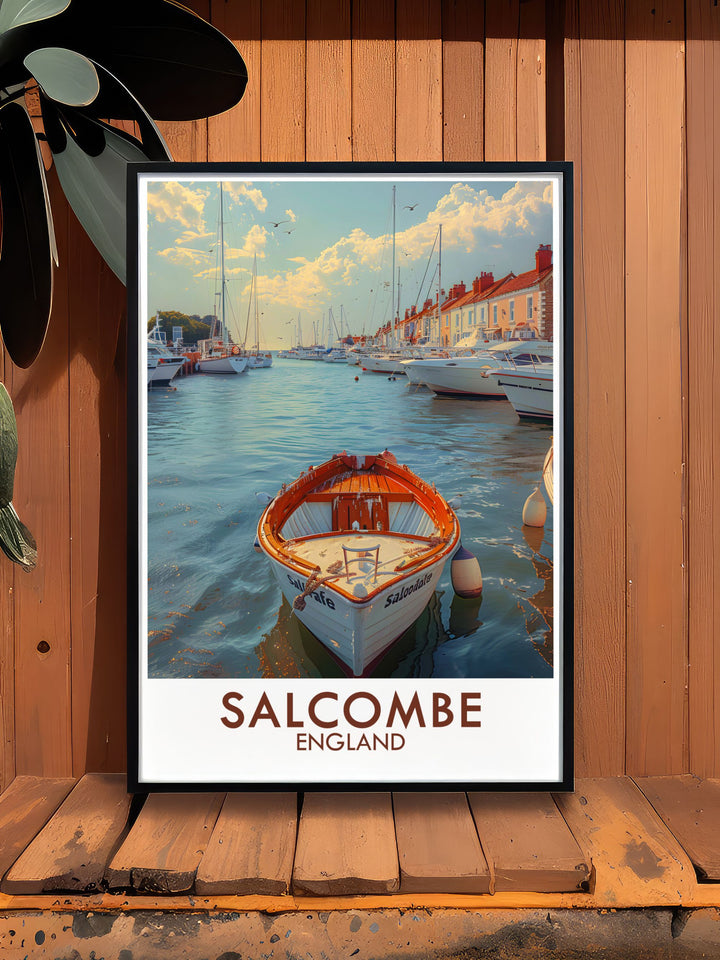 Bring the charm of Salcombe Harbor into your home with this elegant Devon travel poster featuring vibrant colors and intricate details