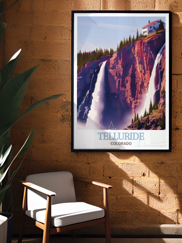 Experience the beauty of Telluride with this Bridal Veil Falls travel poster. This wall art captures the dramatic waterfall and Colorados natural splendor, making it a perfect addition to any room or a thoughtful gift.