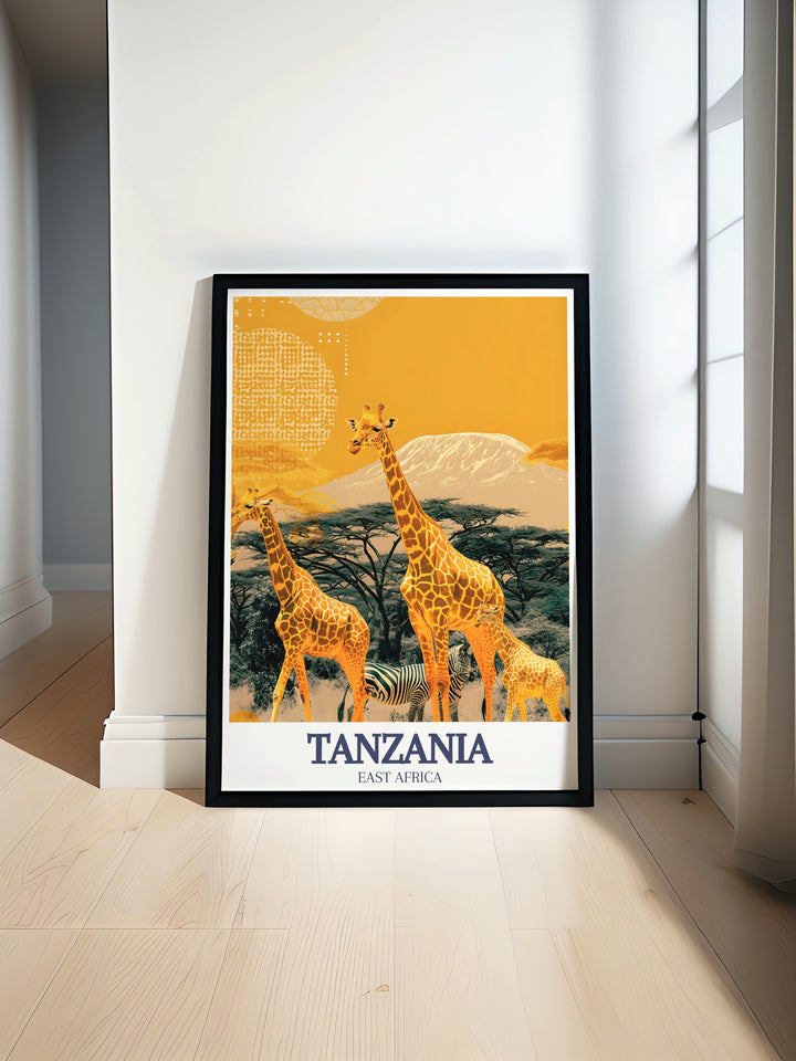 A stunning wall poster of Tanzania, featuring the majestic Mount Kilimanjaro and the sweeping landscapes of Serengeti National Park. This detailed artwork is perfect for those who love African nature and wildlife, bringing Tanzanias wonders to life in your home.