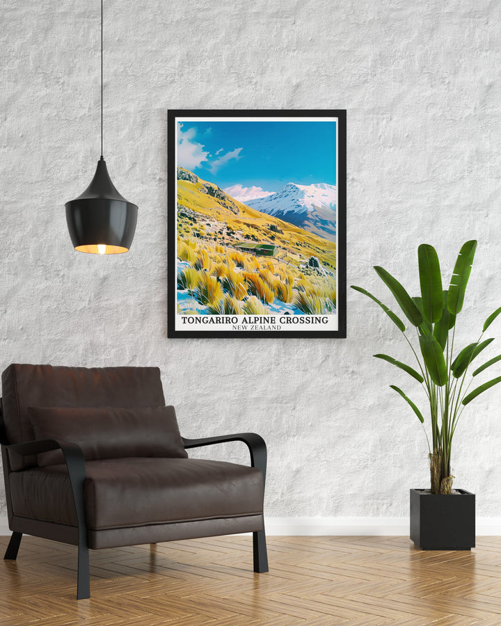 Ketetahi Hut travel print highlights the remote beauty of this rest stop along the Tongariro Alpine Crossing. Surrounded by volcanic wonders, this print is ideal for those who cherish the unique landscapes of New Zealand.