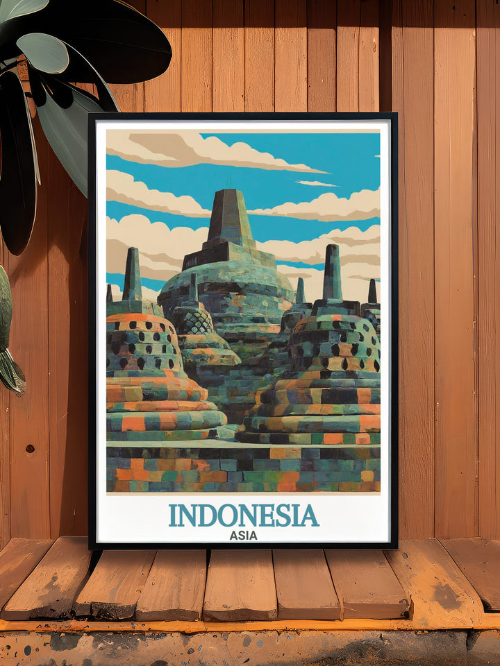 This travel print of Borobudur Temple and Balis landscapes offers a vibrant representation of Indonesias history and beauty. It makes for a unique piece of wall décor, whether as a personal collection or a special gift for a travel enthusiast.