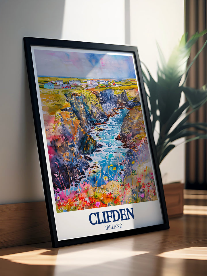 A vibrant print poster featuring Clifden, with the dramatic scenery of the Wild Atlantic Way and the untamed beauty of Connemara. This artwork captures the essence of Irelands west coast, making it a perfect addition to any room that celebrates travel and adventure.