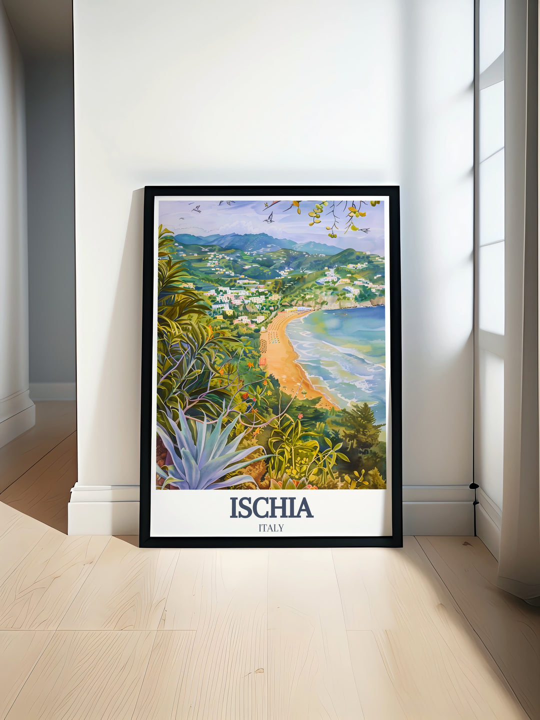 This Ischia art print brings to life the stunning gardens and beaches of Italys beautiful island. Perfect for coastal décor or as a unique gift, this travel print highlights the tranquil atmosphere of Ischias Gardens and the idyllic Maronti Beach.