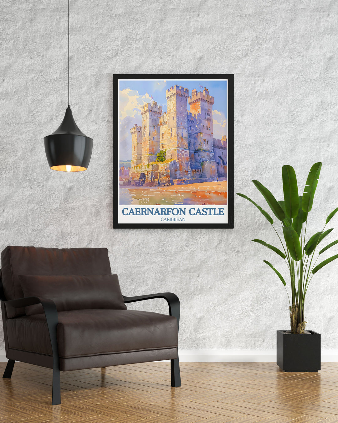 Beautifully illustrated, this vintage travel print showcases the lush landscapes of Caernarfon Castle and the bustling Castle Square, ideal for history lovers and cultural enthusiasts.