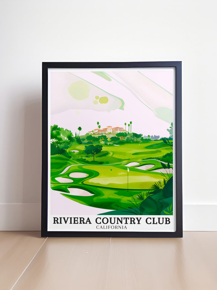 Showcasing the Riviera Club House and the famed 18th Hole, this Riviera Country Club print brings the charm and history of Pacific Palisades into your home. Ideal for golf fans looking to display a connection to the sports greatest courses.