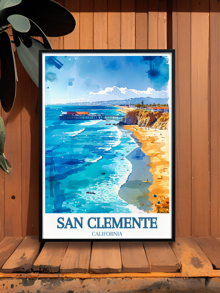 Fine Line Print of San Clemente capturing the beauty of the Railfanning train San Clemente pier. A perfect addition to any wall art collection offering a vibrant and stylish decoration for your home.