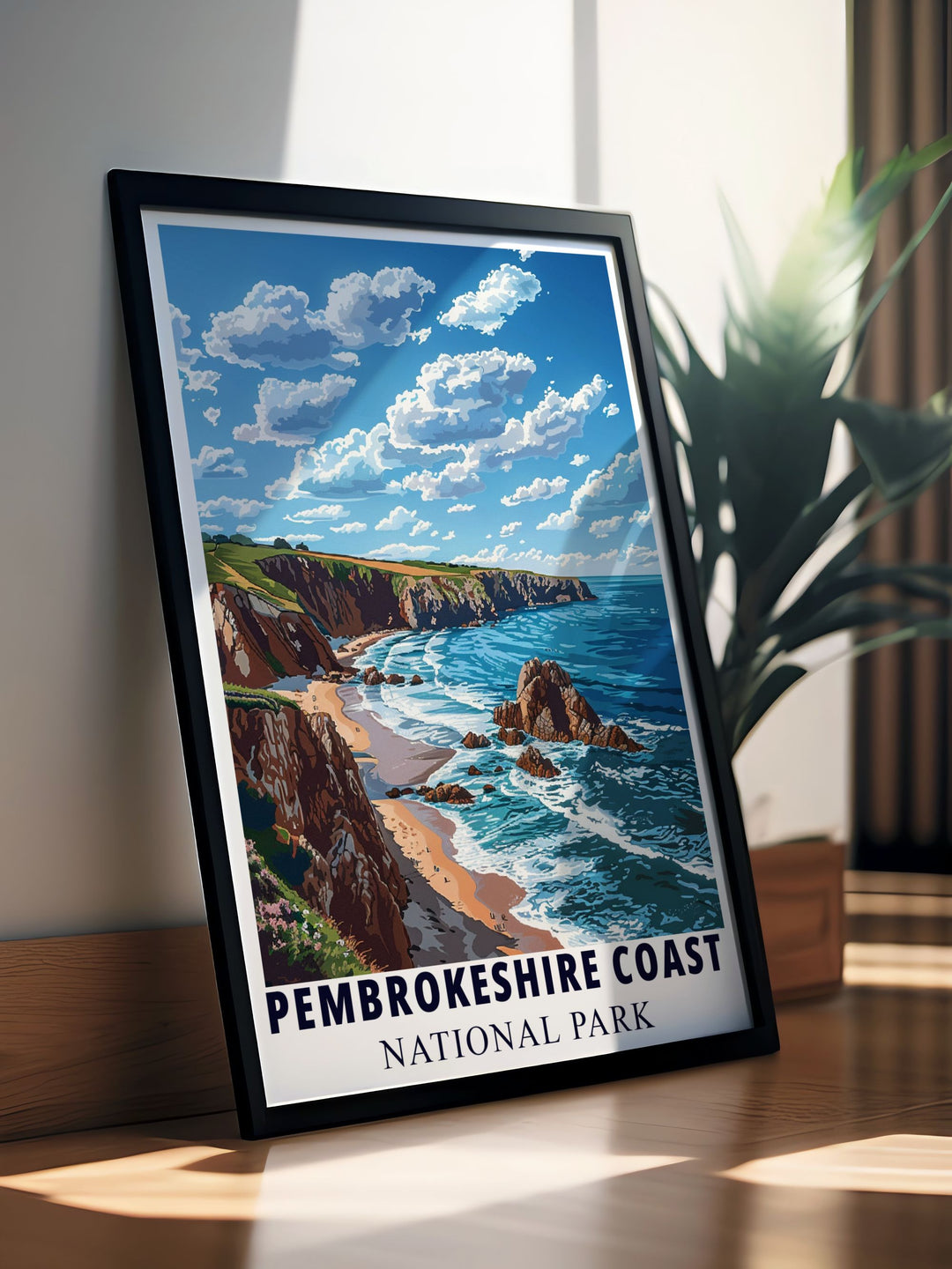 Vintage travel print of coastline in Pembrokeshire Wales highlighting the majestic landscape with Art Deco elements perfect for adding a touch of elegance to your wall art collection and celebrating the beauty of British national parks.