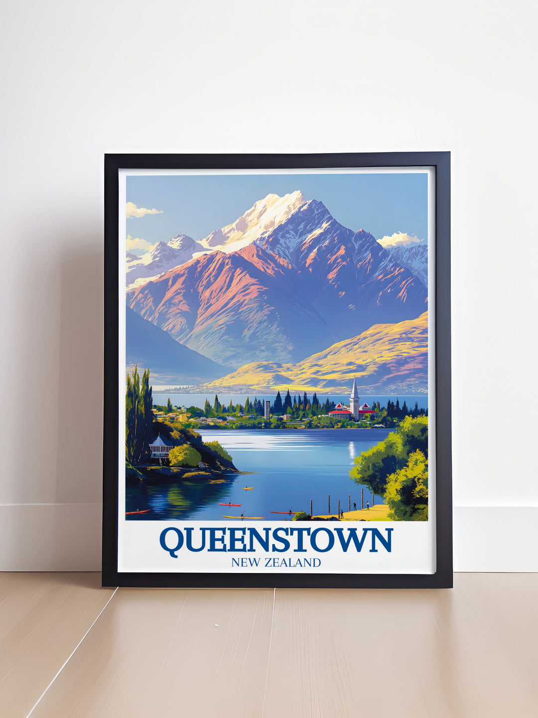Queenstown travel poster highlighting The Remarkables Lake Wakatipu in a vintage style perfect for home decor office spaces and gifts showcasing the natural beauty and charm of Queenstown through a timeless black and white fine line print