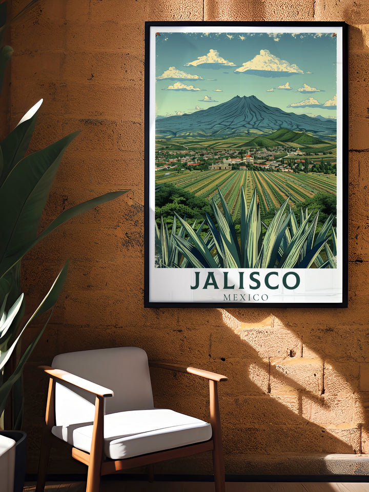 The Tequila Landscape of Jalisco, Mexico, is captured in stunning detail in this travel poster print. The vibrant colors and intricate design make this a must have for anyone looking to add a piece of Mexicos cultural heritage to their home.