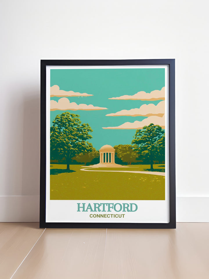 Hartford wall art including a beautiful Bushnell Park print that highlights the colorful and modern design of the citys landscape. This Hartford art print is ideal for anyone looking to enhance their decor with a unique and sophisticated city print.