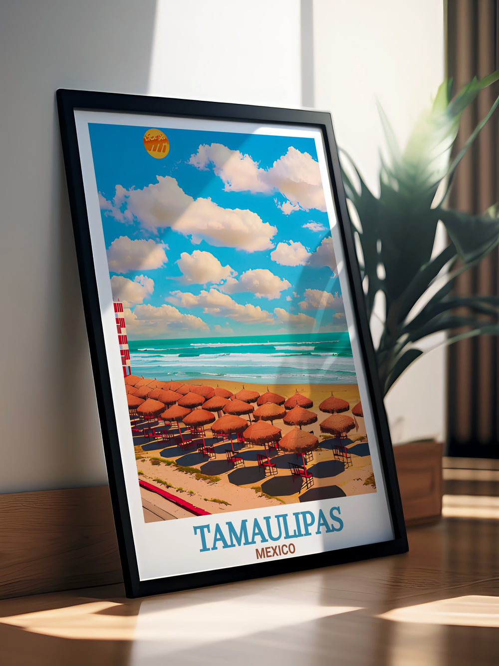 Capture the vibrant energy of Reynosa and the serene beauty of Playa Miramar in this Tamaulipas wall art. A perfect travel poster print that adds both modern flair and coastal charm to any living space making it a great personalized gift or decor piece.