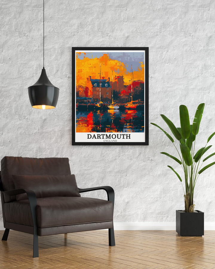 Featuring Dartmouth Harbour and the scenic River Dart, this poster artfully combines Englands maritime history with the serene beauty of its countryside. The detailed design makes it a captivating addition to any wall art collection.