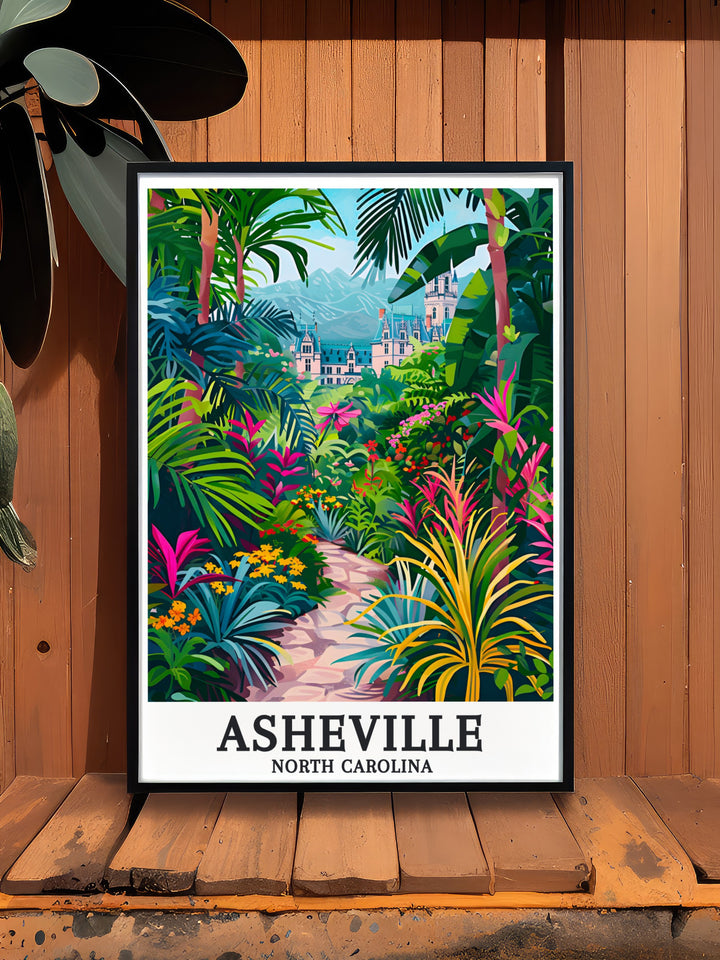 Asheville Art Print featuring a fine line city map with vibrant illustrations of Western North Carolina Botanical Garden and The Biltmore Estate perfect for adding character to your home decor and making thoughtful gifts for friends and family.